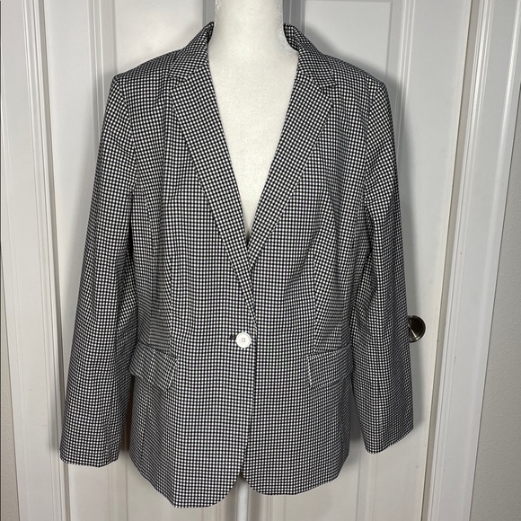 Talbots Tailored Gingham Blazer Size 16 Black White One Button Notched Pockets - Picture 3 of 17